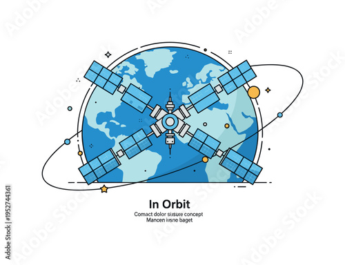 Space station orbiting Earth with large solar panels extended symmetrically against a curved blue planet backdrop. Subtle star dots, soft orbital path line and