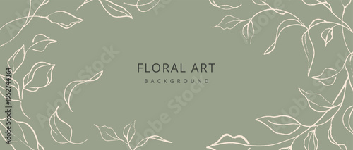 Natural green abstract background with sketches of branches and leaves. Vector floral hand drawn line art illustration for web design, wallpaper, poster, banner, card, print, invitation, cover