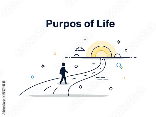 Purpose of life personal journey concept featuring a small human silhouette walking along a curved path toward a glowing horizon circle, expressing meaning,