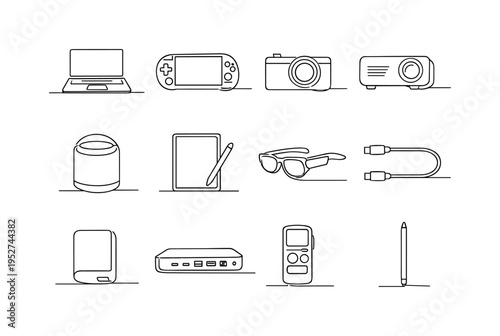 Portable Electronics. Minimalistic set one-line drawing compact laptop, handheld gaming console, pocket camera, mini projector, portable speaker, tablet with