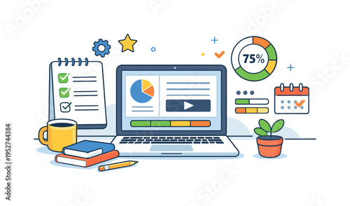 Freelance productivity concept depicted as a compact desk scene with checklist icons progress indicators and a focused laptop screen. The visual metaphor