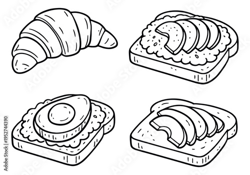 Hand drawn line art breakfast food set featuring a croissant and various healthy toasts for cafe menus