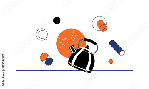 Black and white kettle releasing minimal steam lines, bright orange circular halo behind the kettle, thin navy horizontal line grounding the composition,