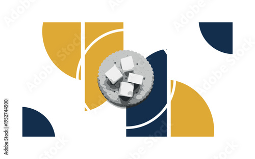 A monochrome close-up of a cracker topped with small cheese cubes, bold circular and semicircular shapes framing the food, flat contrasting color panels in