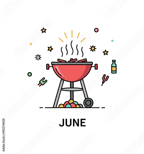Grilling and barbecue in June centered on a compact charcoal grill with rising aromatic steam and small sun rays above, expressing summer warmth, outdoor