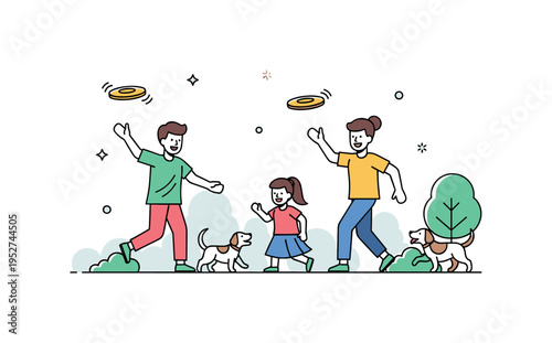 Family having fun with pets at a park, throwing frisbees and running alongside dogs, capturing activity, laughter, and joyful outdoor moments. Minimalist flat