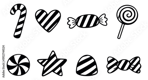 Hand drawn line art candy set featuring various striped candies for celebrations and events