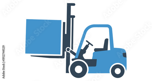 Blue forklift lifting blue box isolated on white background stock icon concept