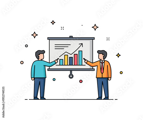 Business meeting strategic planning session shown as two figures pointing at a presentation board with an upward chart, symbolizing goal setting and growth