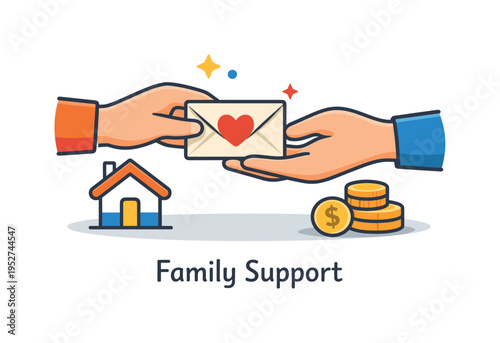 Providing financial support to a family member caring hands passing a small envelope with a heart symbol across a simple table, coins and a house icon subtly