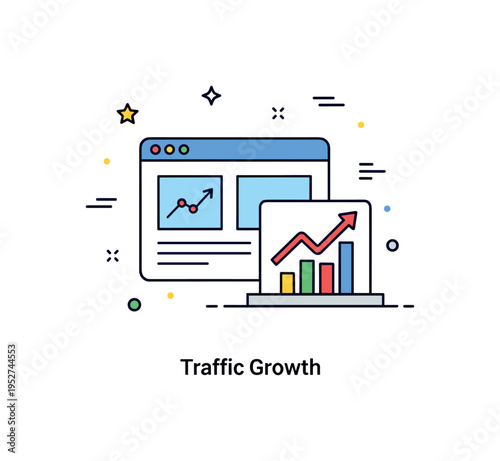 Web design website analytics badge showing a simplified webpage combined with a small upward trending chart icon, symbolizing performance tracking and growth.