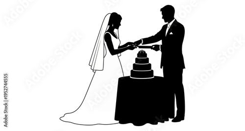 Bride and Groom Cutting Wedding Cake Together Silhouette