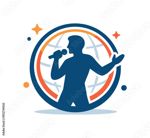Global music icon silhouette featuring a confident singer figure framed by a circular spotlight badge with subtle globe outline behind, expressing worldwide