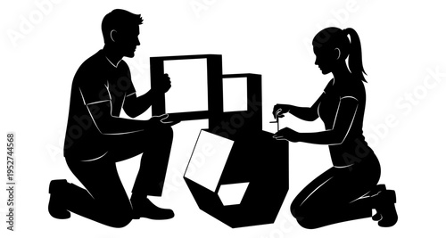 Couple Assembling Boxes Together Moving Day Preparation Teamwork Concept Silhouette