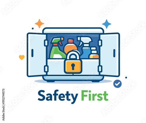 Child-safe cleaning product storage locked cabinet with a simple padlock icon and neatly grouped bottles inside symbolizing protection and