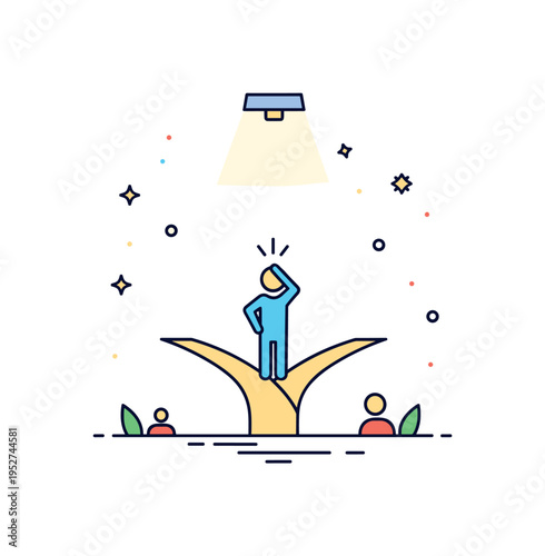 Moment of truth decision point illustrated by a simple figure standing at a forked path with a subtle spotlight above, expressing tension, clarity, and the