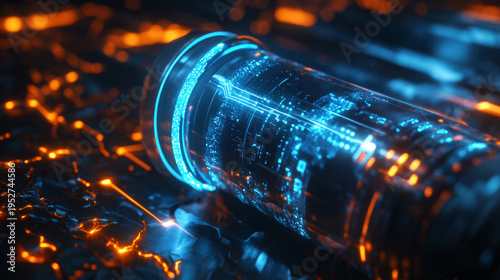 Blue glowing tech core battery on circuit background