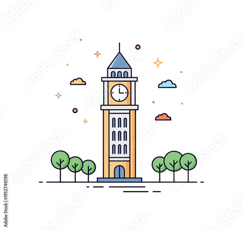 Clock tower public square centerpiece illustrated by a tall tower with a clear clock face surrounded by small tree icons, symbolizing civic life and daily