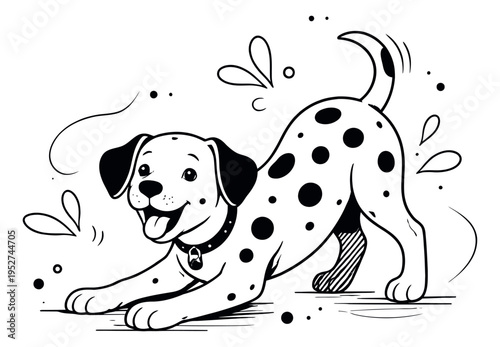 Hand drawn line art illustration of a dalmatian dog depicting a playful bow for pet themed designs