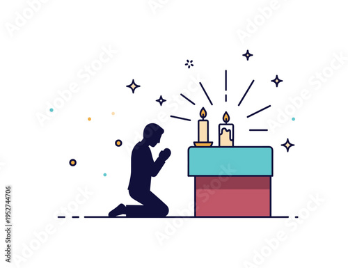 Prayer moment at church altar illustrated by a kneeling figure silhouette before a candle lit altar with subtle light rays, conveying humility, reflection and