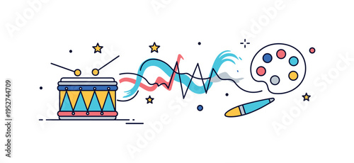 Rhythm and brushstroke dynamic curved lines connecting a drum and a paint palette, suggesting tempo translated into visual movement. A small concept badge