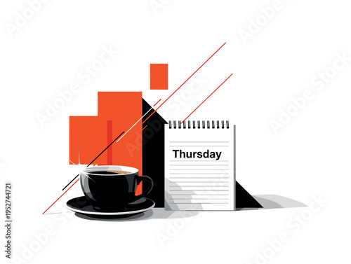 Black and white coffee cup beside a notepad marked Thursday, intersected by bold orange abstract blocks and thin diagonal lines creating dynamic midweek