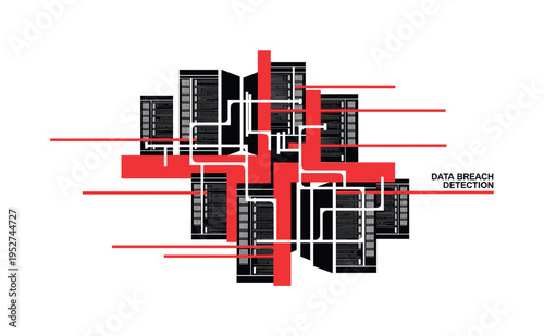 Monochrome composition of interconnected server racks forming a geometric pattern, intersected by bold red blocks and thin horizontal rhythm lines symbolizing