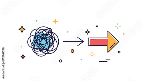 Mental clarity shift represented by tangled lines transforming into a straight arrow, conveying confusion turning into understanding and decisive action. A