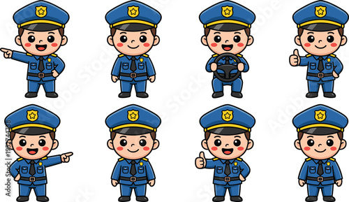 Cute cartoon police officer character collection with multiple poses and expressions, friendly law enforcement mascot vector illustration isolated on light background