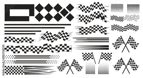 dynamic racing flag and speed line graphic elements for automotive sport and finish line design projects