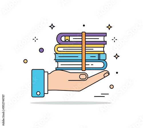 Library visit icon scene showing a hand carrying a small stack of books tied together with a strap, expressing preparation and academic dedication. The
