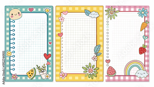Colorful notebook page frames vector collection with cute cartoon illustrations and grid paper background