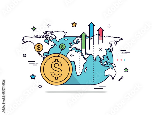 Foreign direct investment concept built around a stylized money symbol merging with a world map outline, accented by small upward indicators that suggest