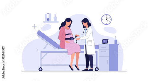 Doctor checks pregnant woman's belly with stethoscope in clinic, healthcare concept