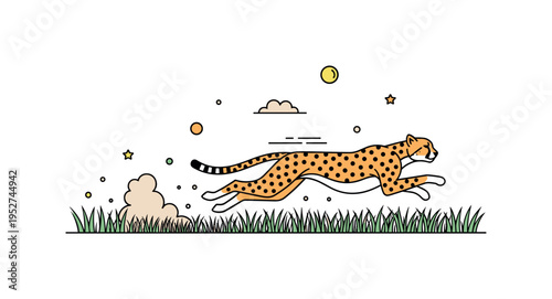 Savanna wildlife with a cheetah sprinting across the grasslands while small dust clouds rise, highlighting speed, agility, and survival instincts. Minimalist
