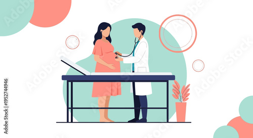 Doctor checks pregnant woman's belly with stethoscope, medical checkup, healthcare concept