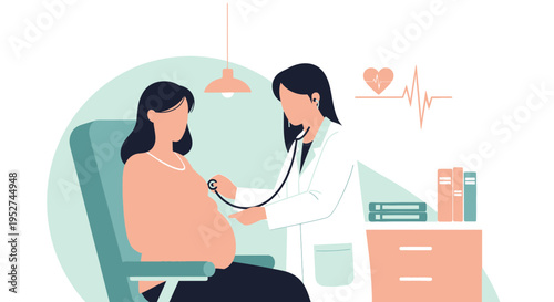 Doctor examines pregnant woman with stethoscope, healthcare concept