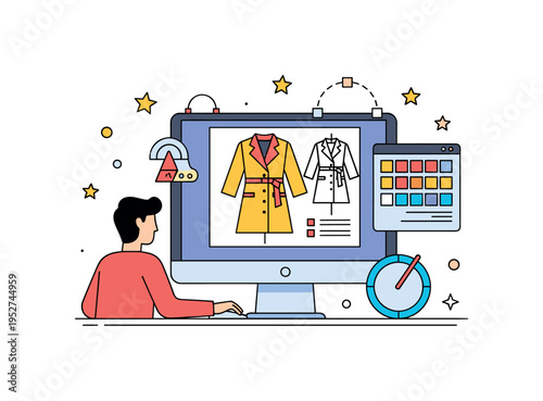 Independent designer working on new clothing line depicted by a computer monitor with stylized coat sketch and color selection panel, expressing