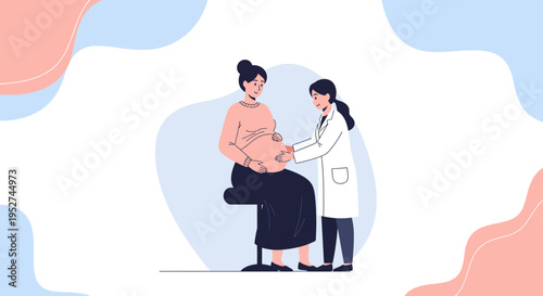 Doctor examines pregnant woman's belly during checkup, healthcare concept