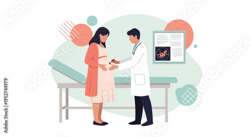 Doctor examining pregnant woman belly in clinic, ultrasound image on wall