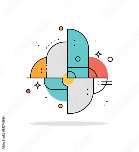 Minimalist abstract shapes arranged in a playful pattern with bright accent colors and subtle decorative dots, conveying modern design and visual balance.