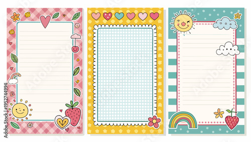 Colorful notebook page frames vector collection with cute cartoon illustrations and various patterns