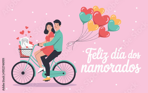 A romantic couple rides a bicycle with heart-shaped balloons on a pink background