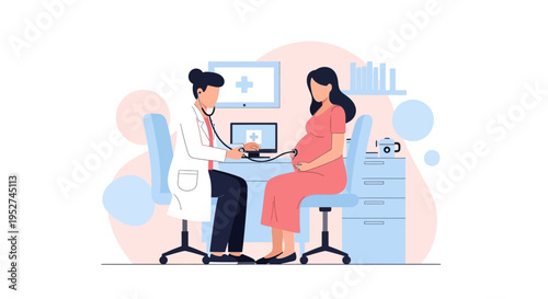 Doctor examining pregnant woman with stethoscope, prenatal care, healthcare concept
