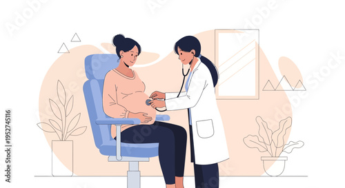 Doctor examining pregnant woman with stethoscope, prenatal care, healthcare concept