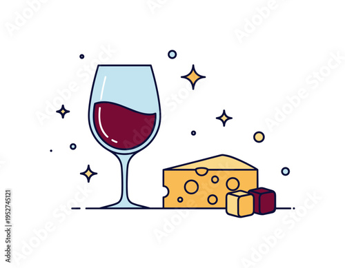 Gourmet wine and cheese pairing with a refined glass and cheese wedge composition expressing sophistication and evening dining culture. Clean decorative