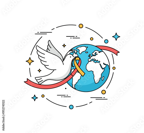 Peace dove and earth theme illustrated by a white dove carrying a ribbon that gently wraps around a globe silhouette, expressing reconciliation and global