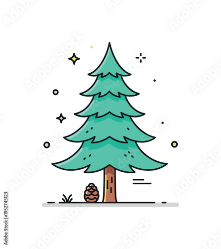 Pine tree illustrated as a tall evergreen silhouette with layered branches and a small cone at its base, conveying freshness, resilience, and natural