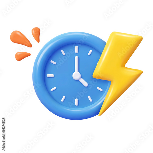 3D clock reminder icon with yellow lightning bolt for urgent alert notification