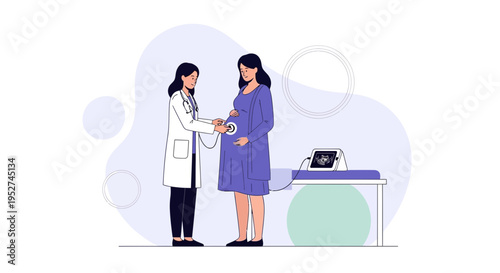 Doctor examining pregnant woman with stethoscope, ultrasound machine in background